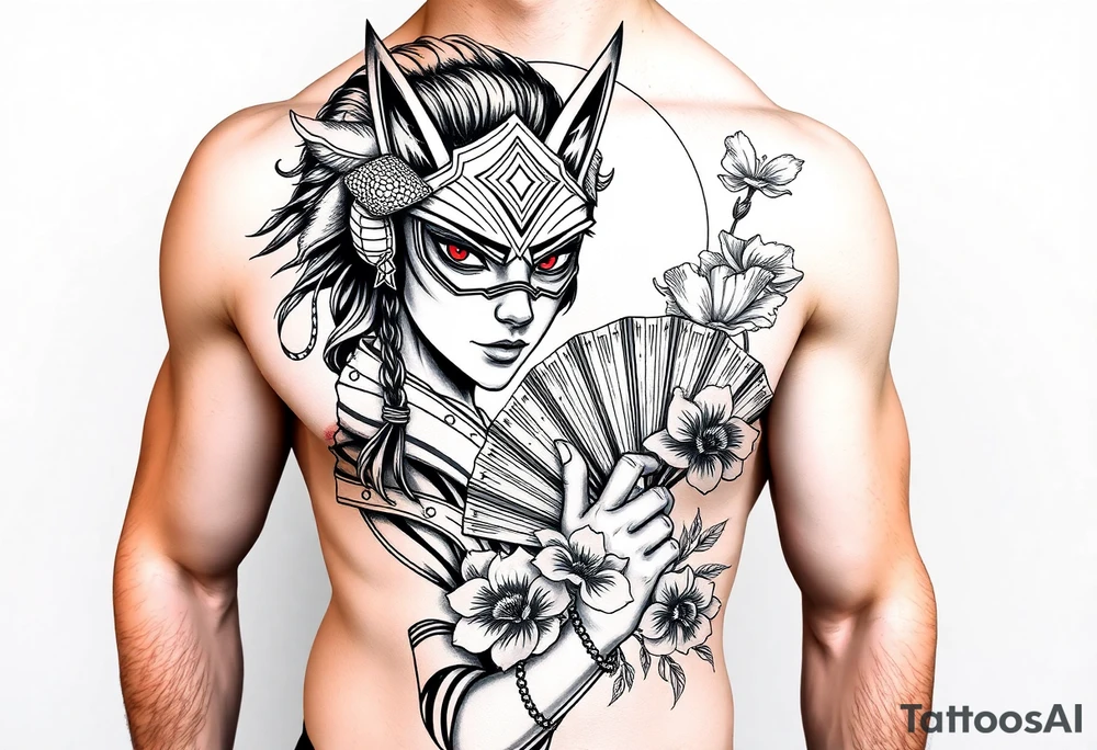 japanese samurai woman with red eyes wearing a kitsune half and broken mask and holding a fan with irises flowers ornement tattoo idea