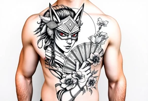 japanese samurai woman with red eyes wearing a kitsune half and broken mask and holding a fan with irises flowers ornement tattoo idea