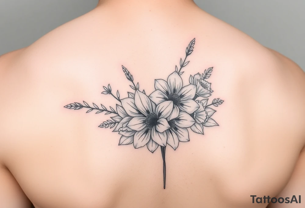 September and may birth flower bouquet fine line tattoo idea