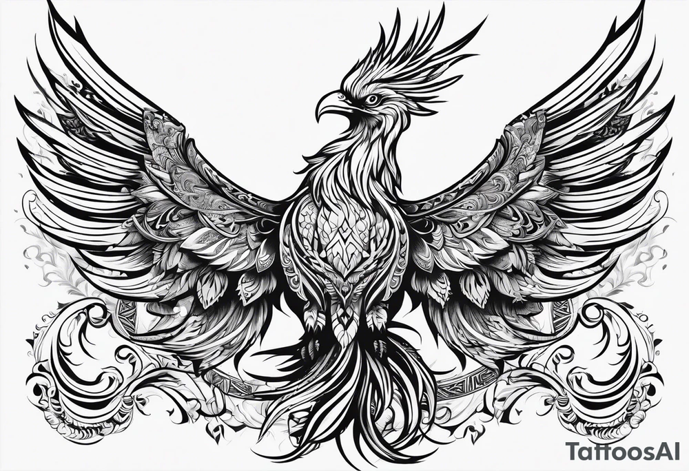 tribal pheonix with long tail curling tattoo idea
