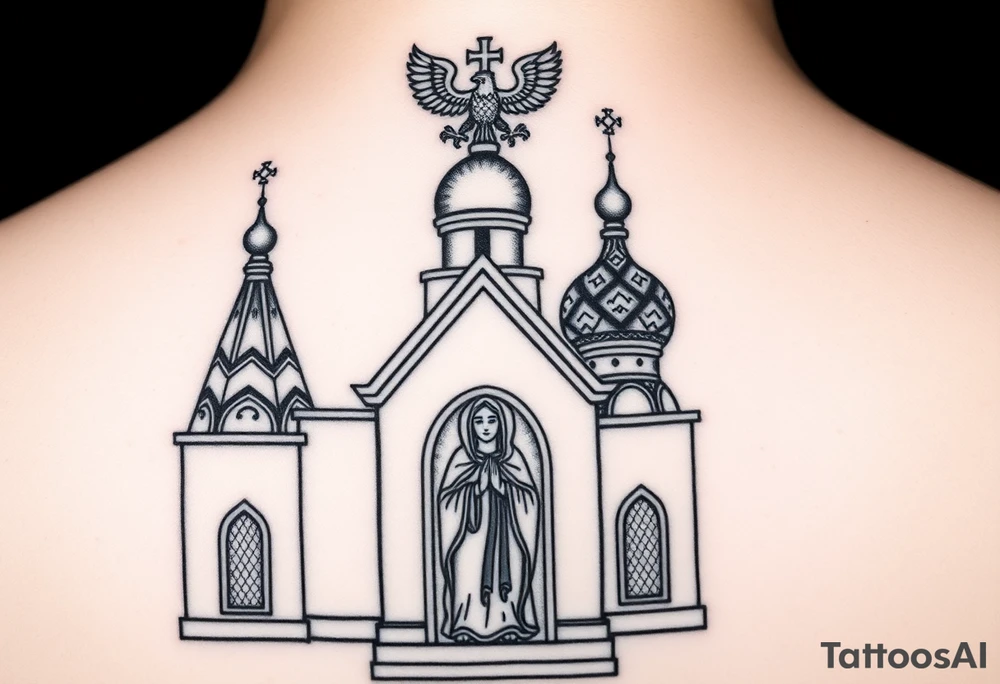 Flowing Scene

A onion domes orthodox church
Virgin Mary in prayer pose on the front doors of the russian orthodox church 
A small double headed russian coat of arms eagle or just the star tucked above the dome near the hairline tattoo idea
