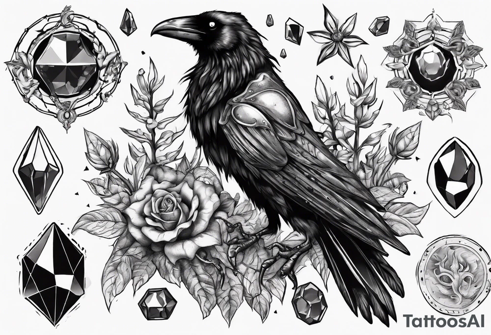Demon Raven surrounded gems poisonous plants and astrology. tattoo idea
