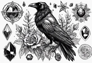 Demon Raven surrounded gems poisonous plants and astrology. tattoo idea