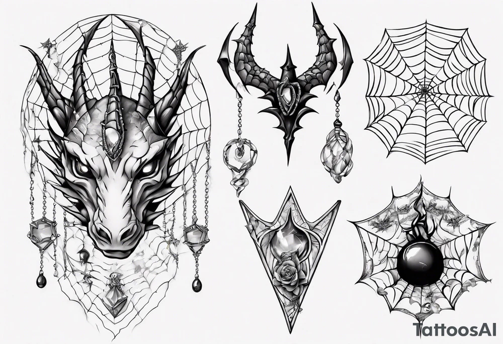Dragon spiral spiderweb shattered chalices jewels, unicorn horn and a spider tattoo idea