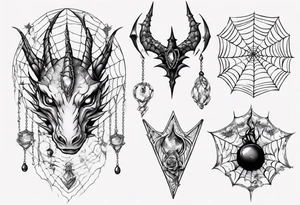 Dragon spiral spiderweb shattered chalices jewels, unicorn horn and a spider tattoo idea