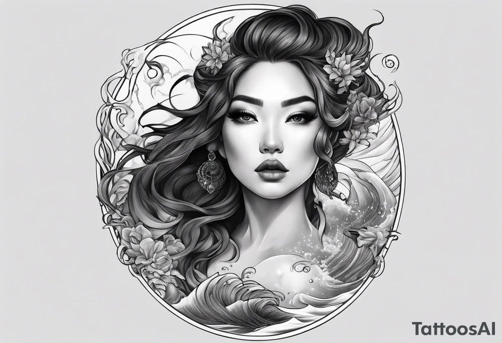 Full-body portrait of an ethereal and dark woman of the sea tattoo idea