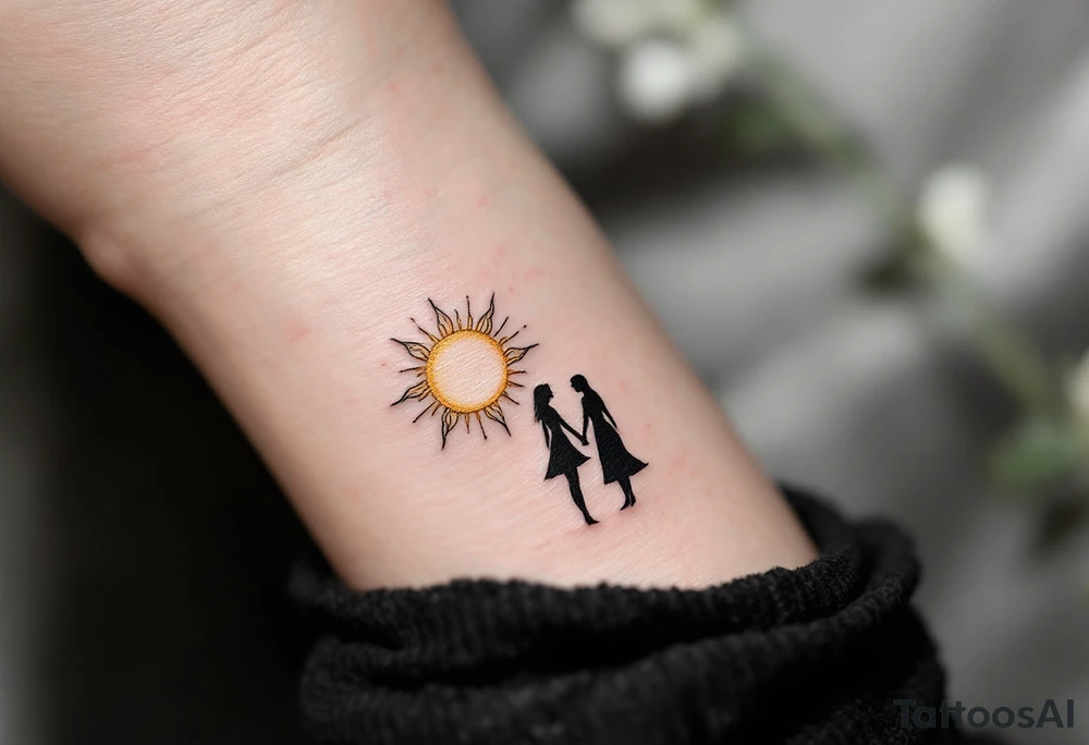 A sun and moon in a symmetrical design, with the couple’s silhouettes standing together beneath them, hands joined. Warm gold for the sun, cool silver for the moon, and black for the couple’s silhouettes. tattoo idea