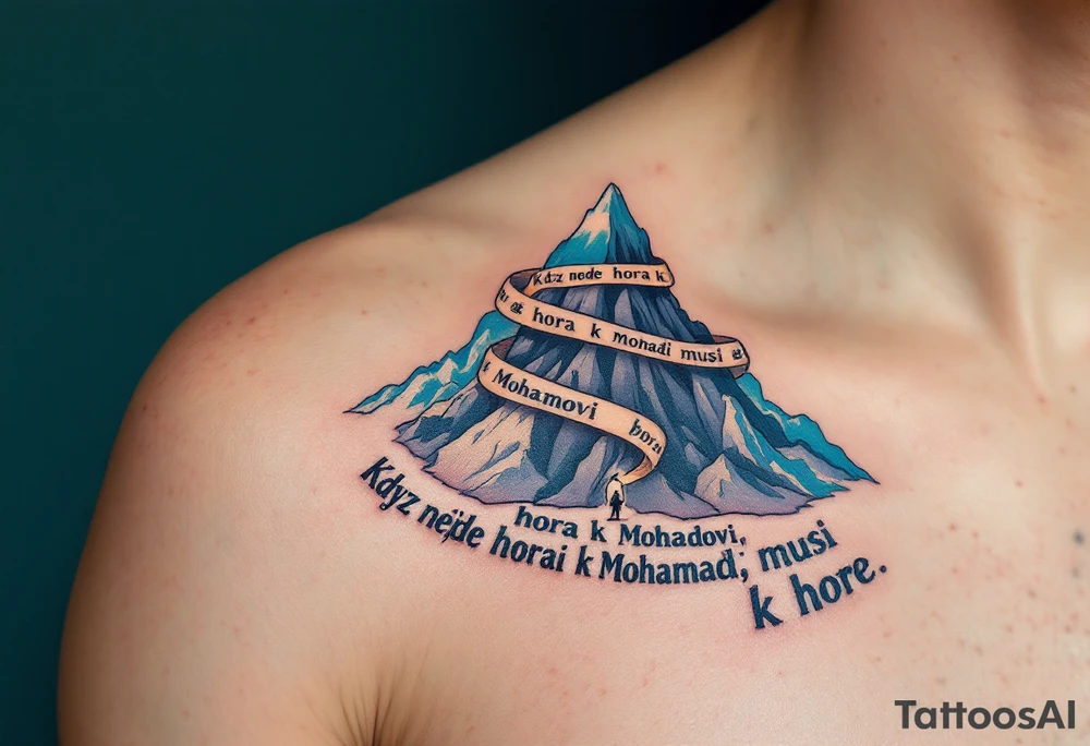 "Kdyz nejde hora k Mohamedovi, musi Mohamed k hore." — A small figure walking toward a majestic gray mountain under a blue sky, with the quote winding around the peak. tattoo idea