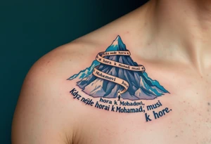 "Kdyz nejde hora k Mohamedovi, musi Mohamed k hore." — A small figure walking toward a majestic gray mountain under a blue sky, with the quote winding around the peak. tattoo idea