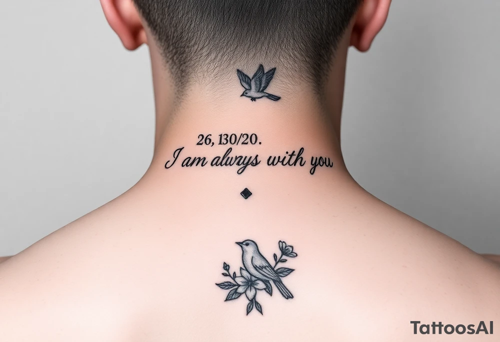 Bible verse “I am always with you Matthew 28:20” going vertical down the spine  with a dainty bird on top with small flowers on the bottom tattoo idea