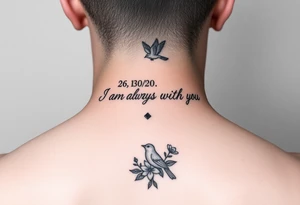 Bible verse “I am always with you Matthew 28:20” going vertical down the spine  with a dainty bird on top with small flowers on the bottom tattoo idea