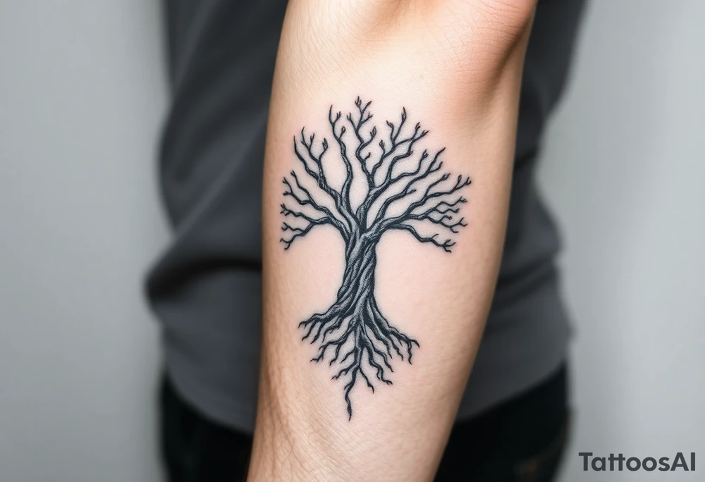 mystical tree of life with cosmic roots and celestial branches tattoo idea