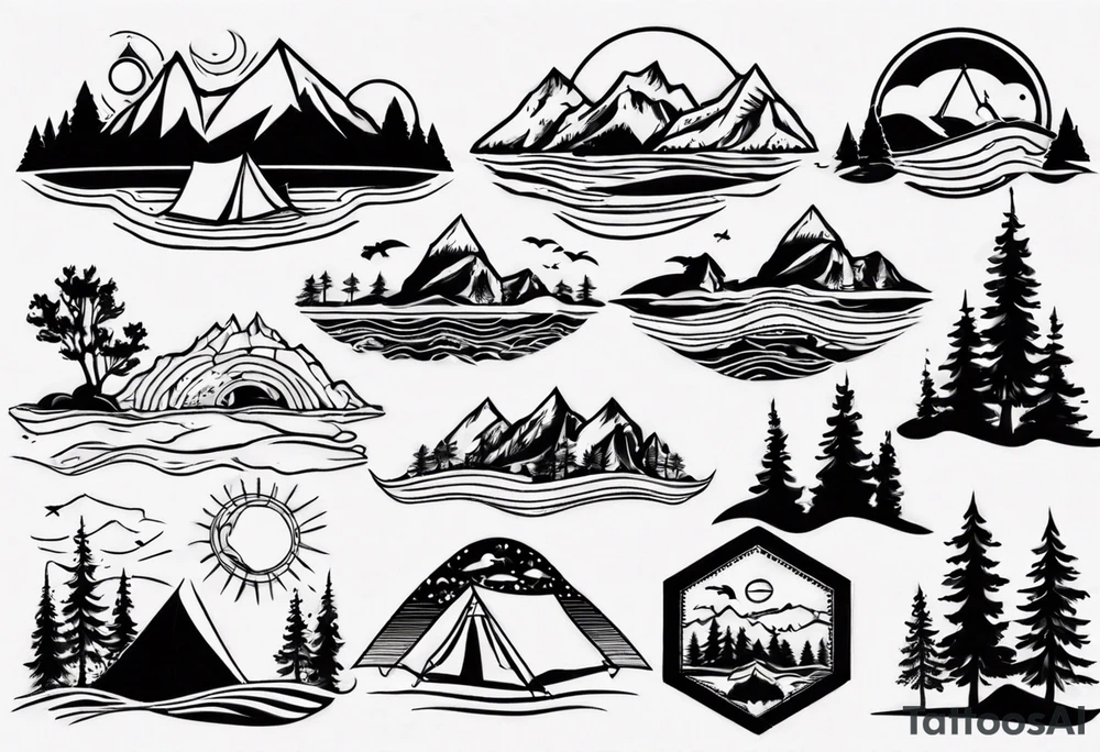 mountains, beach, waves, sunset, camping, trees tattoo idea