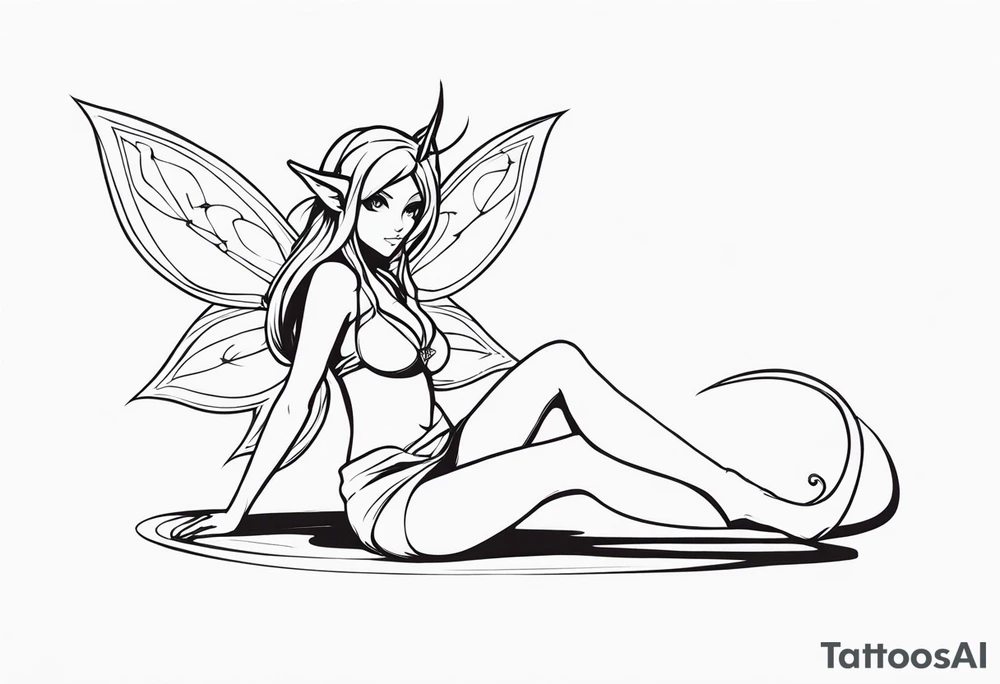 No color sketch of a fairy with a tail inspired by the guild symbol in the anime show called Fairy Tail in a fetal position leaning in and forward while crawled in tattoo idea