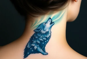 lone wolf howling at full moon with northern lights backdrop tattoo idea