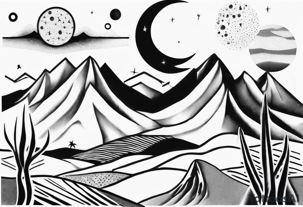 mountains and dunes and moon in the lonely desert tattoo idea
