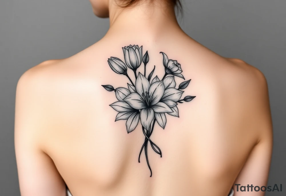 tulips, lily and daffodil clustered together tattoo idea