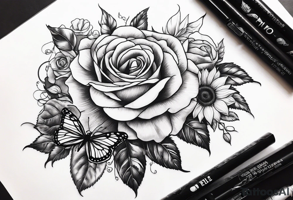 Flower : rose , sunflower, camera, small butterfly tattoo idea