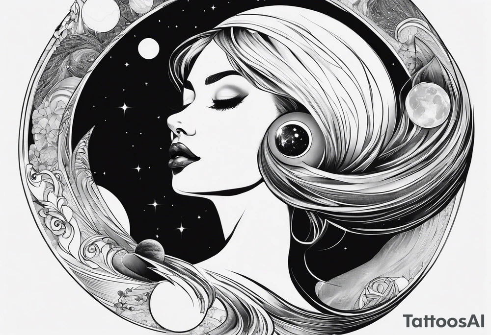 A surrealistic forarm tattoo featuring beautiful woman’s face holding a planet in her hand. Above her head is a man being lifted up into a black hole tattoo idea