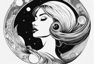 A surrealistic forarm tattoo featuring beautiful woman’s face holding a planet in her hand. Above her head is a man being lifted up into a black hole tattoo idea
