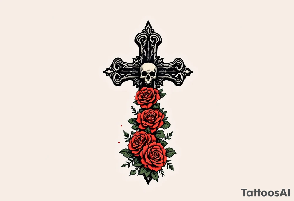 Cross with Skull and Roses – A small cross in shaded black intertwined with red roses and skull motifs at the base in the back of a nack, adding an edge with a combination of deep shadows and highlights. tattoo idea