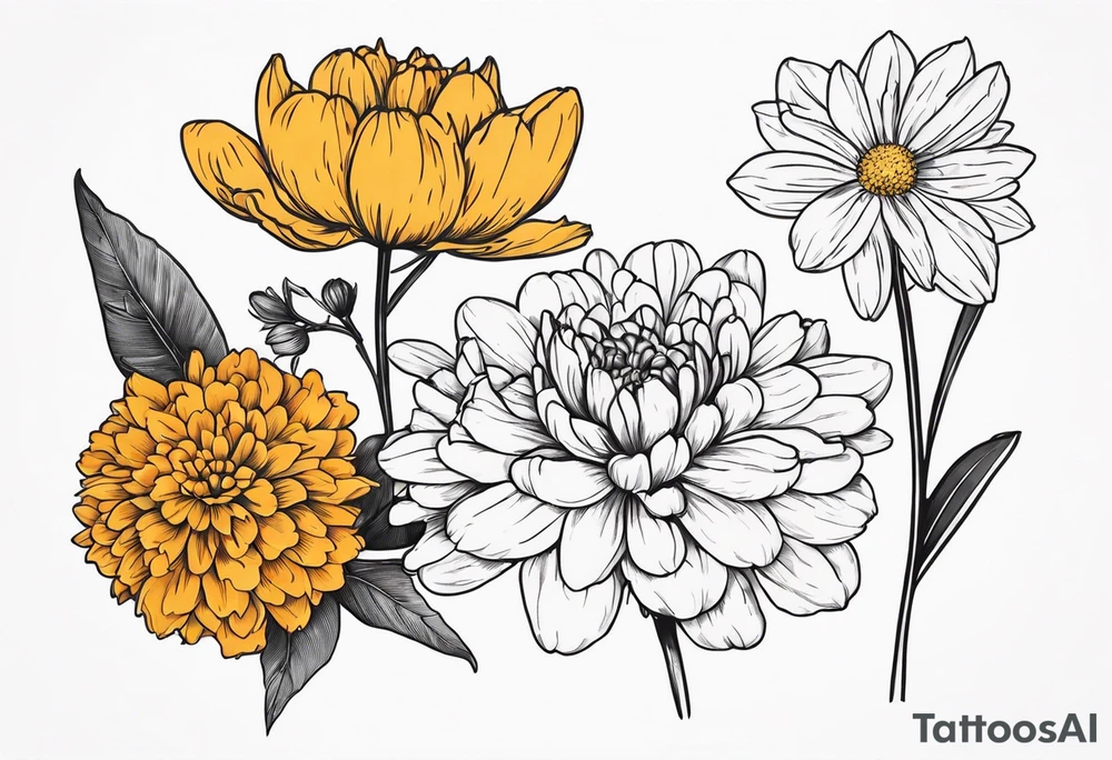 marigold, chrysanthemum, and
narcissus side by side tattoo idea marigold, chrysanthemum, and
narcissus side by side tattoo idea