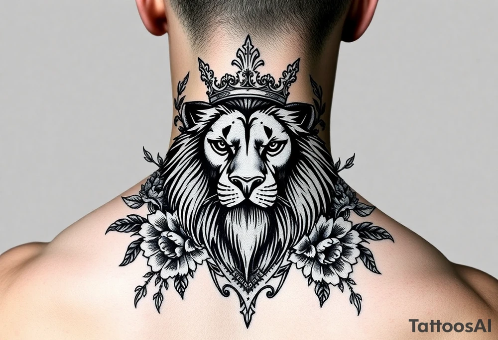 powerful majestic lion with a crown, surrounded by floral ornaments and birds tattoo idea