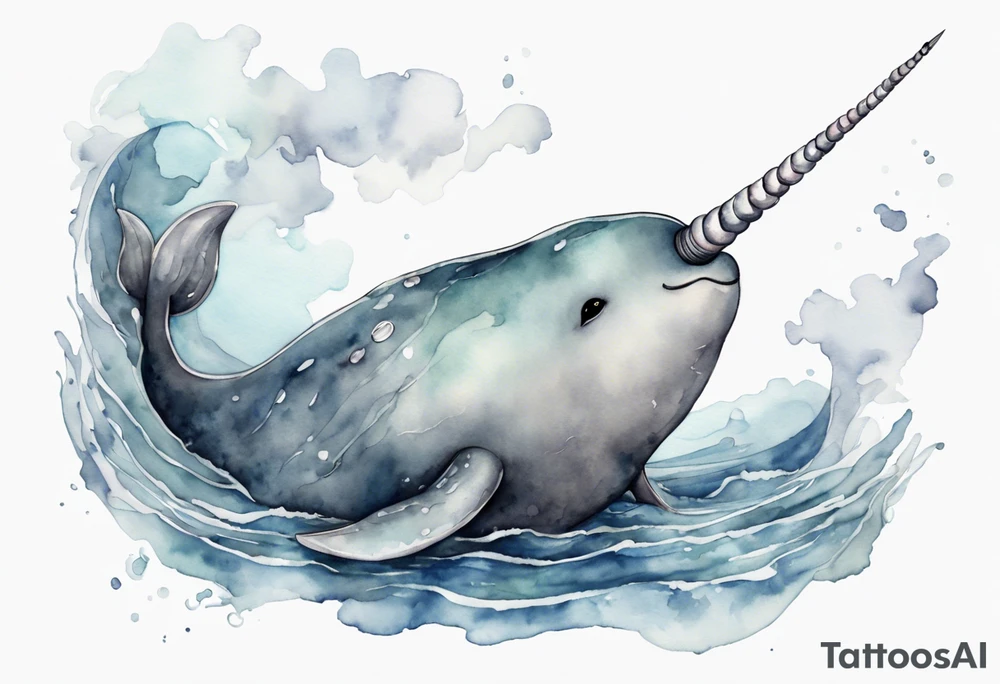 a melancholy watercolor painting of a realistic narwhal in a grey sea tattoo idea