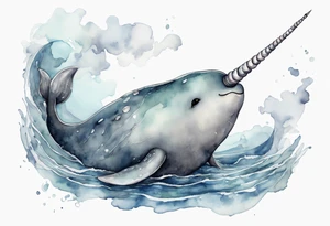a melancholy watercolor painting of a realistic narwhal in a grey sea tattoo idea