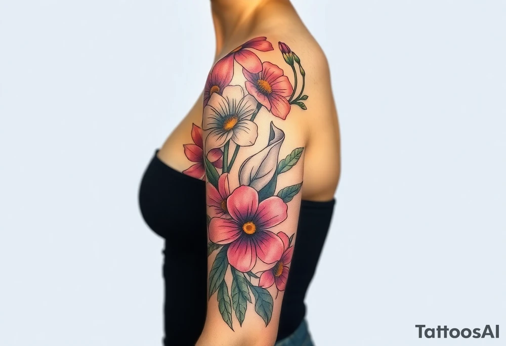 This tattoo is on a woman. It starts on her left side of the chest on the pectoral with a Glaiolus and Daisy together, then the tattoo rises over the left shoulder and down the arm and ends at the elbow. The tattoo will include a primroses, Calla Lilys, and Lillys. It will be light on color except in the petals and has light shading to make it pop. It will not wrap around the chest but rather bloom upwards from the pectoral and spill over the shoulder and down to the elbow. tattoo idea