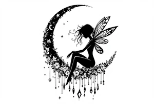 Silhouette of a Fairy sitting on moon with dangles. tattoo idea