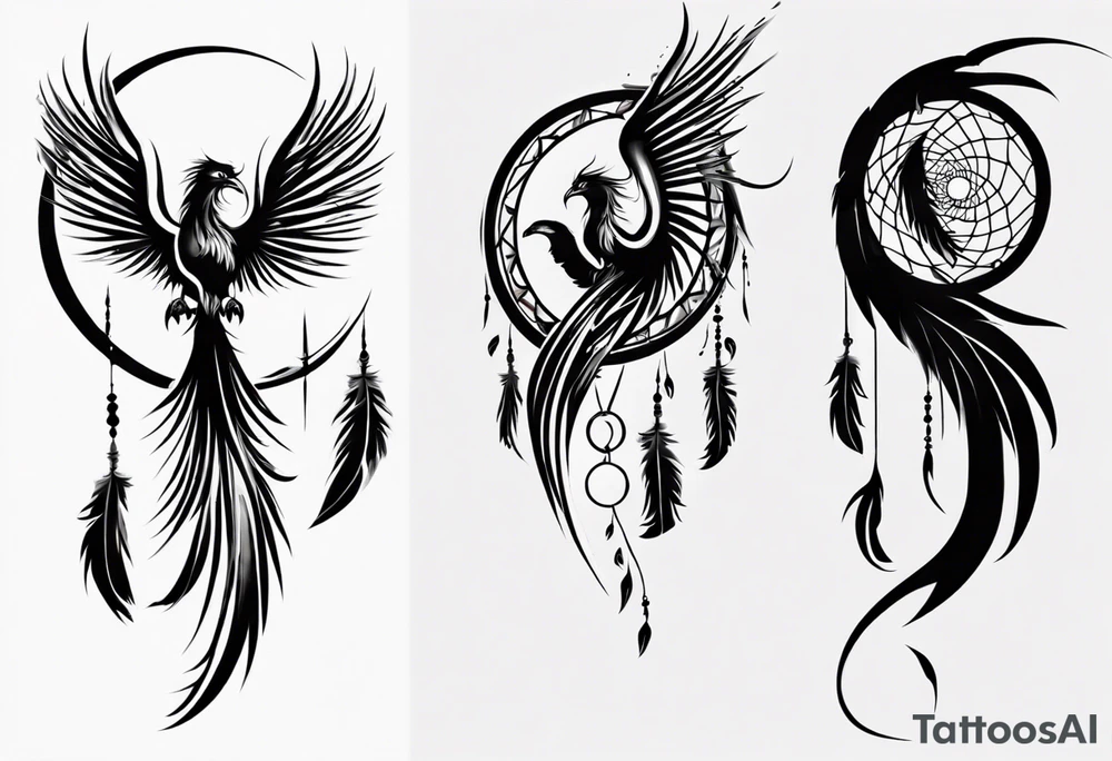 Vertical angry flying Phoenix with wings blending into circles and a long abstract dream catcher feather tail tattoo idea