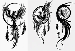 Vertical angry flying Phoenix with wings blending into circles and a long abstract dream catcher feather tail tattoo idea