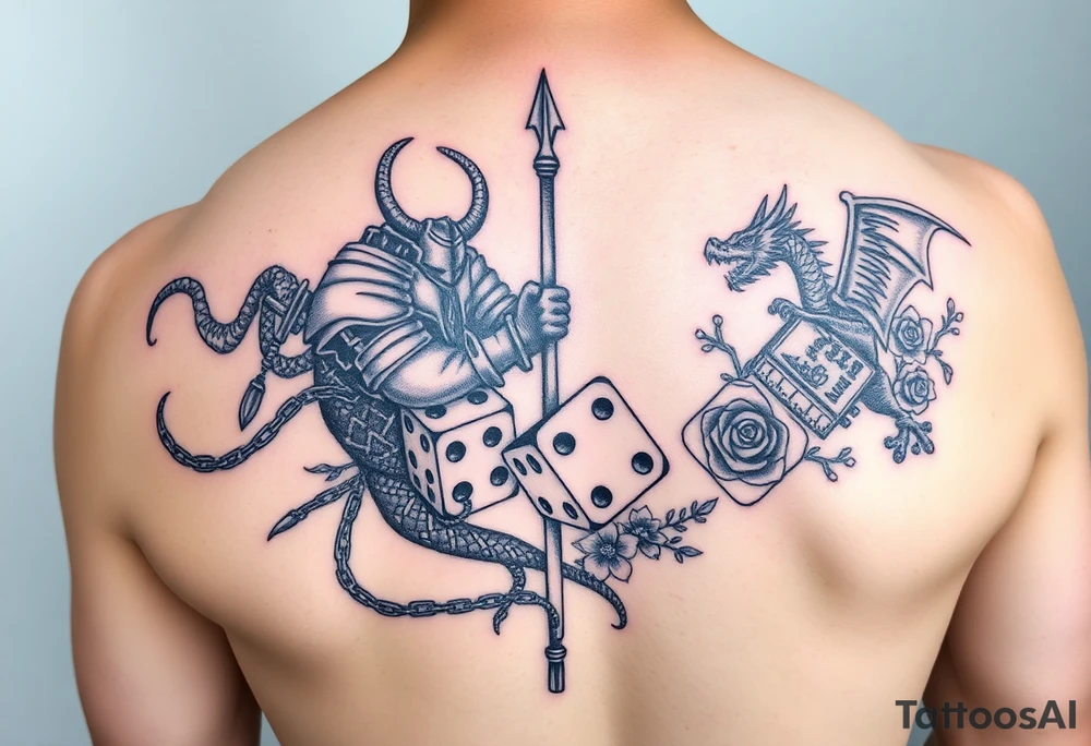 squid, knight and dragon combined with chains, tree roots, cherry blossoms and roses rolling dice tattoo idea