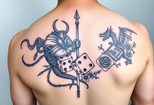 squid, knight and dragon combined with chains, tree roots, cherry blossoms and roses rolling dice tattoo idea