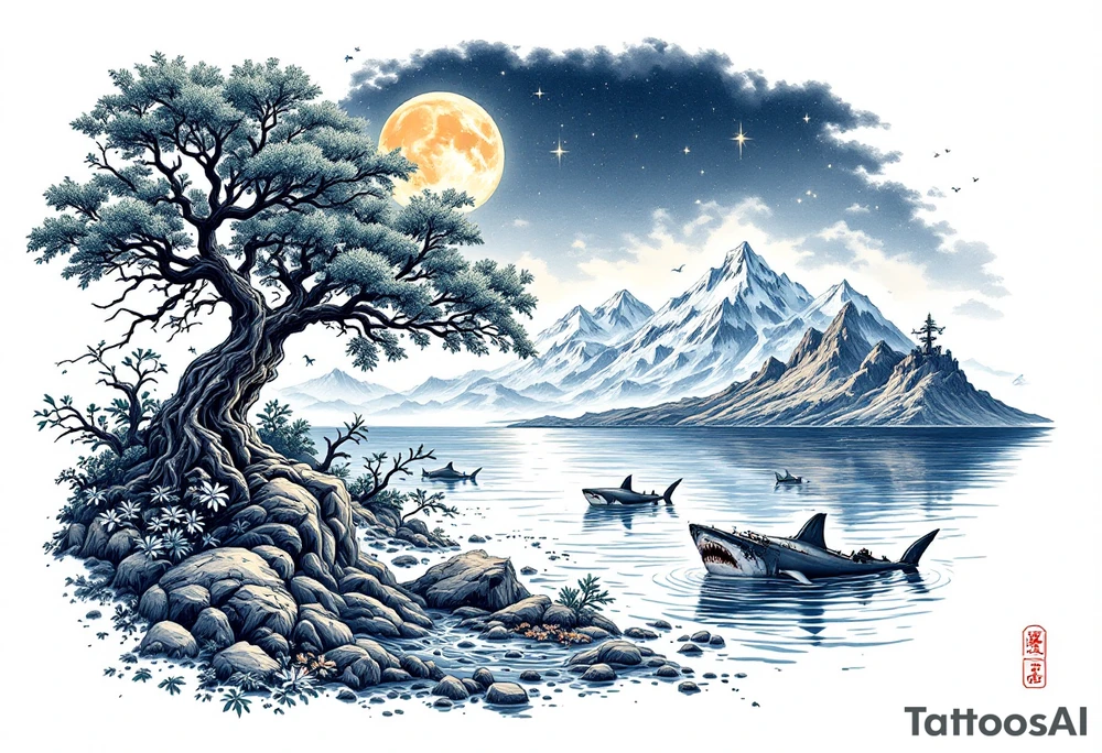 tattoo that has an acacia tree with mountains, ocean with a ship wreck with sharks and the northern star tattoo idea