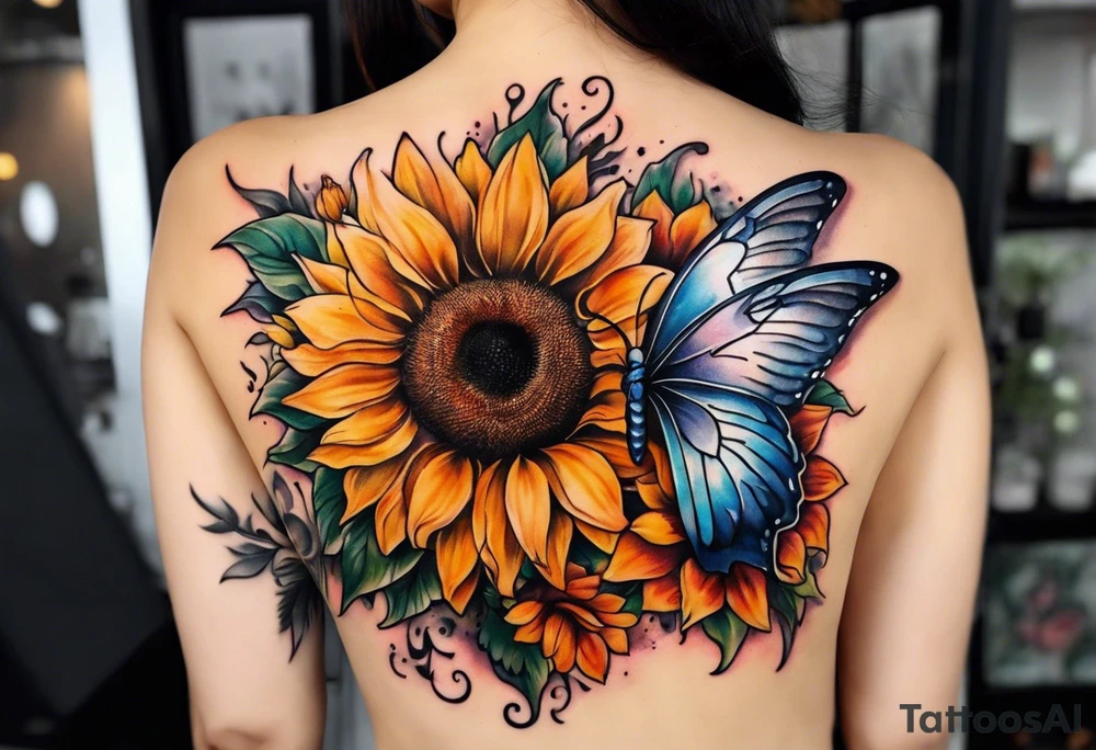 Sleeve with angel wings, sunflower and butterfly tattoo idea