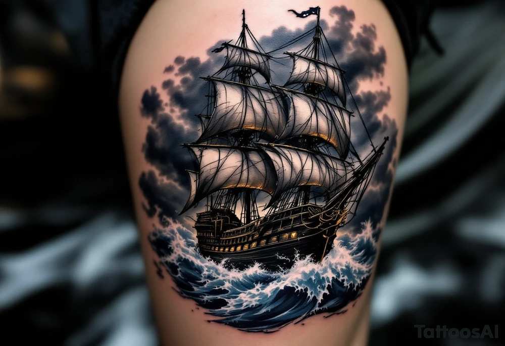 A majestic pirate ship, the Black Pearl, sailing through turbulent waves under a dark stormy sky. The sails are tattered, and the ship's outline is detailed in black ink with hints of deep navy blue and stormy gray waves crashing around. Deep navy blue, stormy gray, black, soft hints of golden accents on the ship’s details. tattoo idea