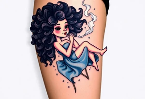 Curly haired Woman smoking while floating in outer space tattoo idea