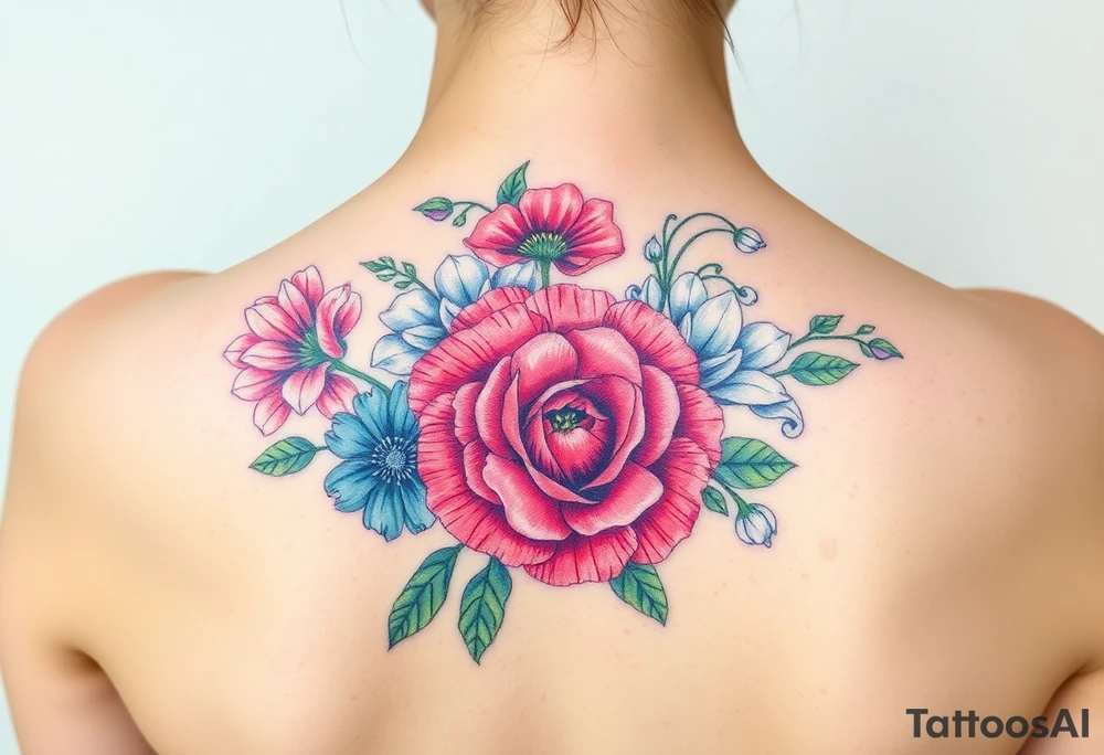 Carnation, Aster,Rose, Lily of the valley, Larkspur, watercolor flowers, middle of back clump together tattoo idea