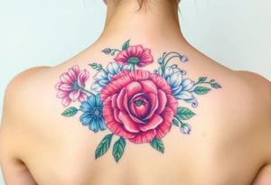 Carnation, Aster,Rose, Lily of the valley, Larkspur, watercolor flowers, middle of back clump together tattoo idea