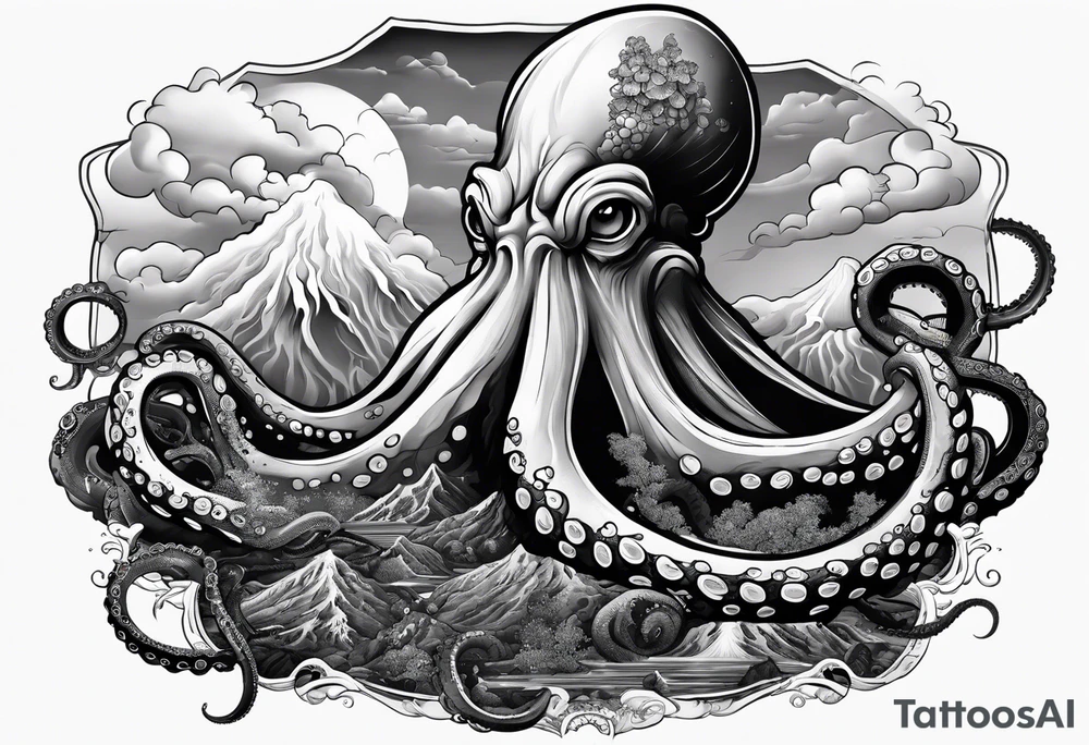 Octopus, volcano eruption, broken bridge tattoo idea