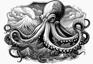 Octopus, volcano eruption, broken bridge tattoo idea