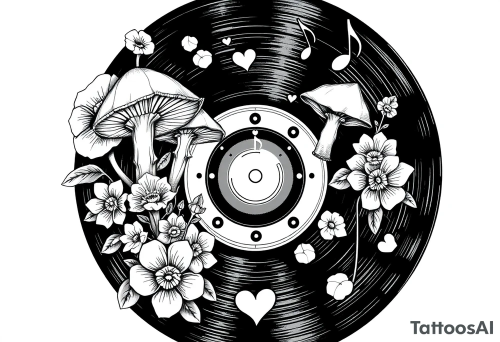 vinyl record with mushrooms, flowers, hearts, and music notes tattoo idea