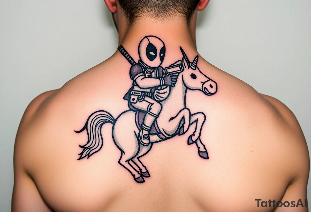 Deadpool riding unicorn pointing rocket propelled grenade launcher tattoo idea