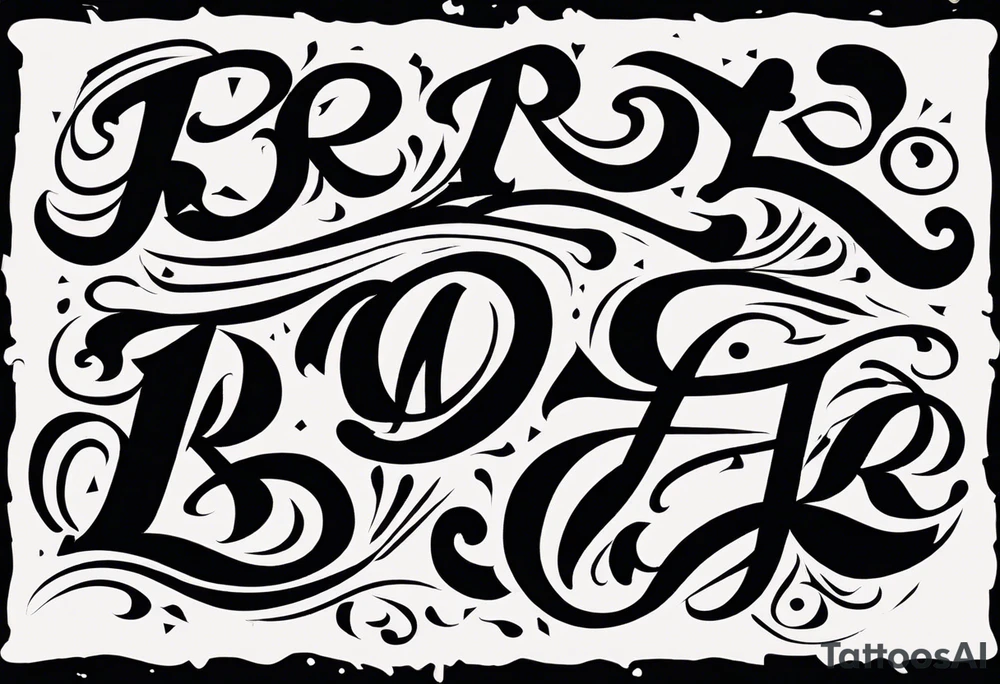 Asymmetrical flip script batch of letters in graffiti and calligraphy styles. I want a B that can be doubled as an upside-down S. I want R and E, A and N, N and A, D and H, Y and S. tattoo idea