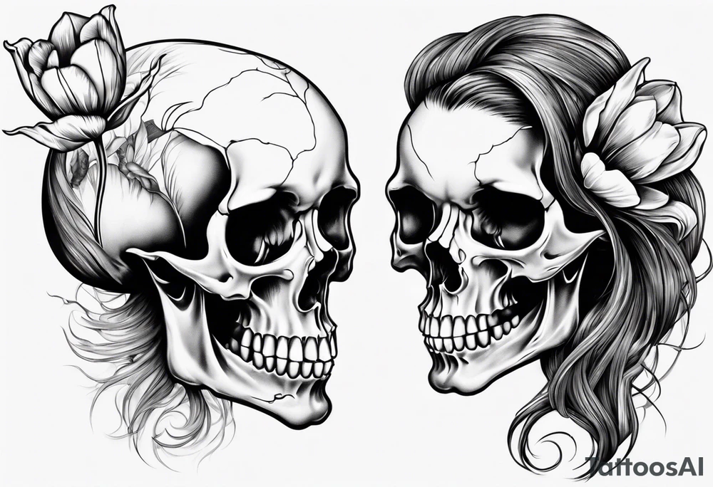 sideview of smiling female skull with long hair, one decayed tulip, one perfect tulip and one tulip bud tattoo idea sideview of smiling female skull with long hair, one decayed tulip, one perfect tulip and one tulip bud tattoo idea