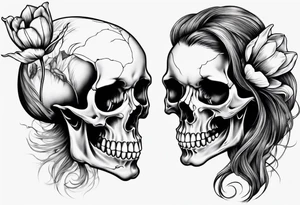 sideview of smiling female skull with long hair, one decayed tulip, one perfect tulip and one tulip bud tattoo idea