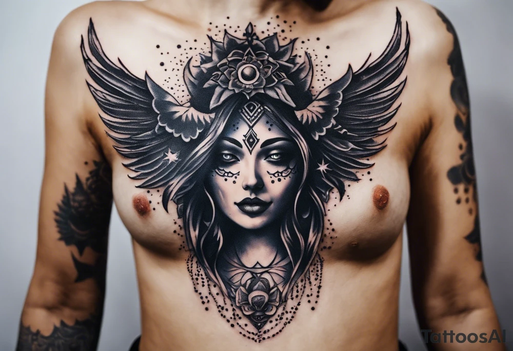 black kali, goddess pirate, alien, angel, pachamama, valkrye, warrior, flying, skull, lotus azul, wing, eagle, zenza resonance, stars, 5D, anahata chakra, death, durga, riding on a tiger, flying lady, chest tatoo tattoo idea