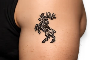 Caribou in Norse knot work open line concept mammen style stipple shading with animal on rear legs just animal no base or background make it just a antler tattoo idea